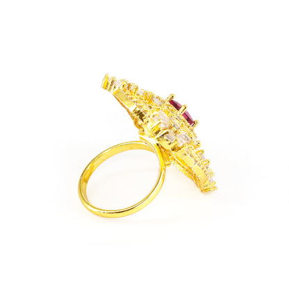 Gold Plated Red AD Floral Adjustable Finger Ring for Women