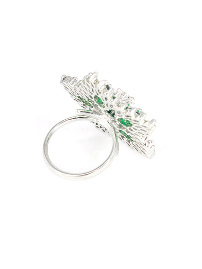 Silver-Plated American-Diamond Studded Floral Design Adjustable Finger Ring