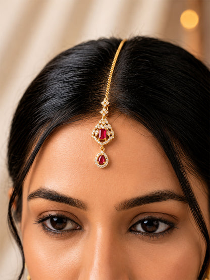 Gold Plated Red AD Maang Tikka for Women