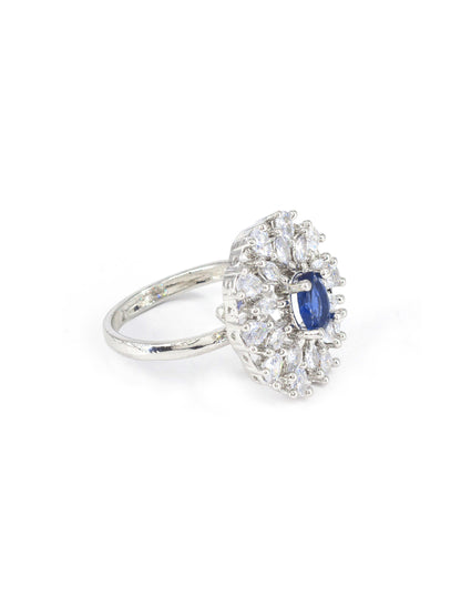 Silver Plated Blue AD Floral Adjustable Ring for Women