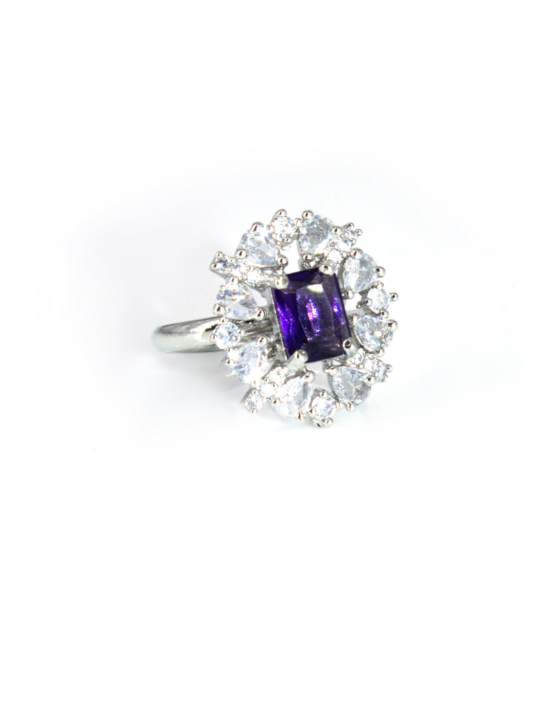 Silver-Plated American-Diamond Purple Adjustable Finger Ring