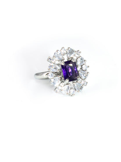 Silver-Plated American-Diamond Purple Adjustable Finger Ring