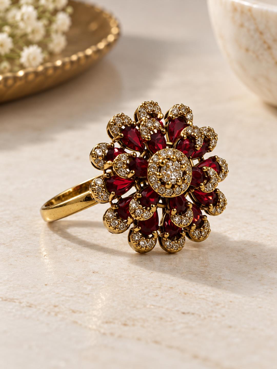 Antique Gold Plated Red AD Floral Finger Ring for Women