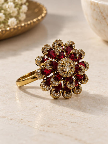 Antique Gold Plated Red AD Floral Finger Ring for Women
