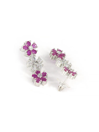 Rhodium Plated Ruby American Diamond Studded Floral Jewellery Set