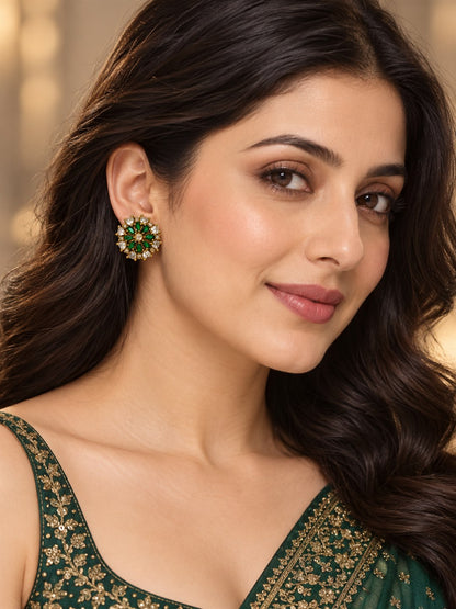 South Indian Gold Plated Green AD Floral Stud Earrings for Women