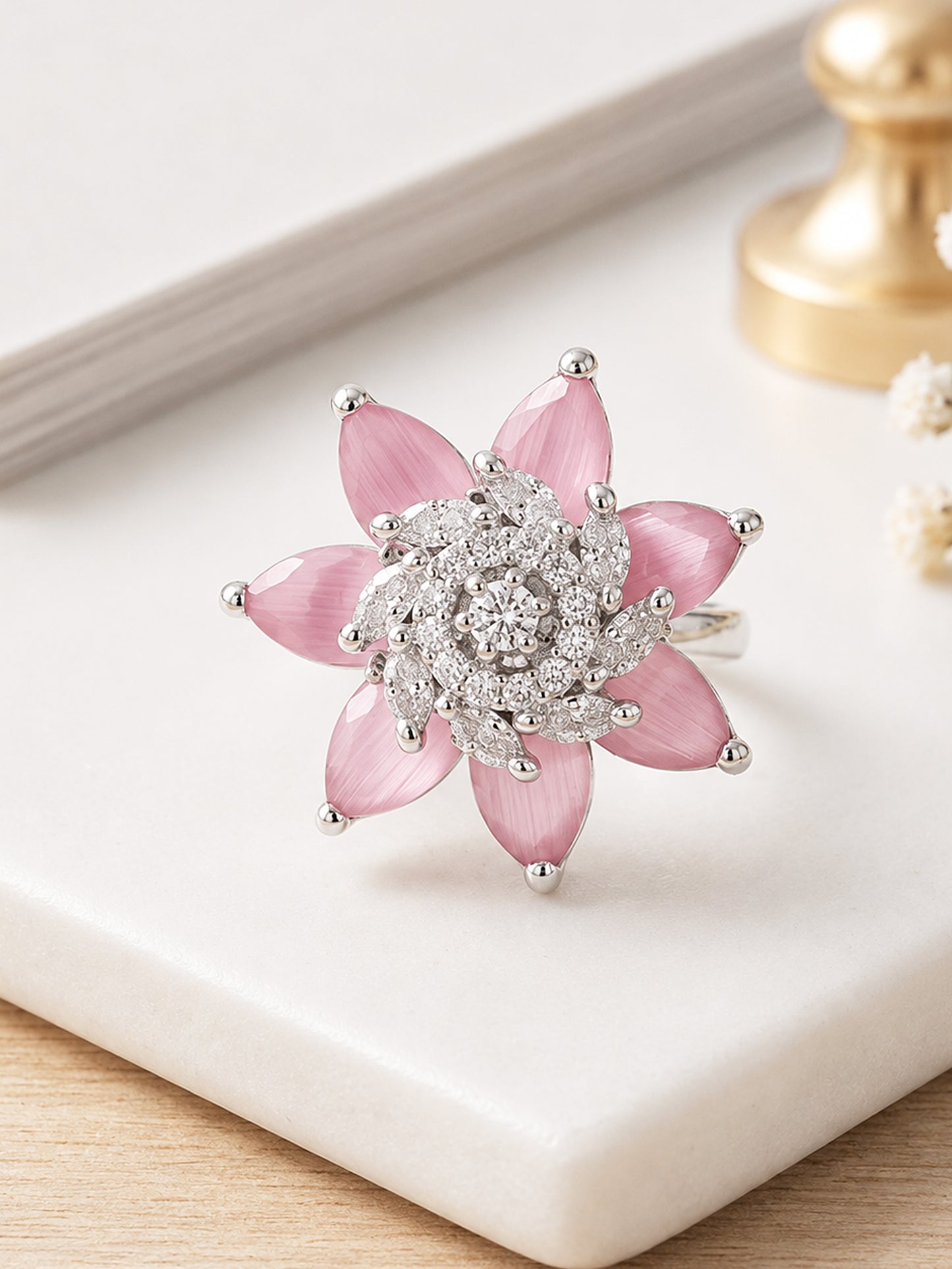 Rhodium Plated Pink AD Floral Finger Ring for Women