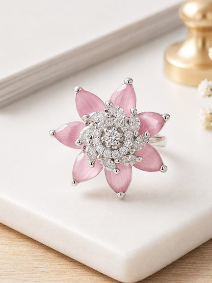 Rhodium Plated Pink AD Floral Finger Ring for Women