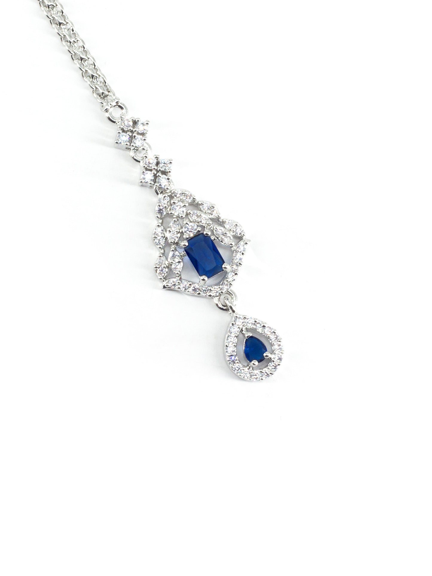 Rhodium Plated Blue AD Maang Tikka for Women