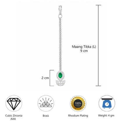 Silver Plated Green AD Maang Tikka for Women