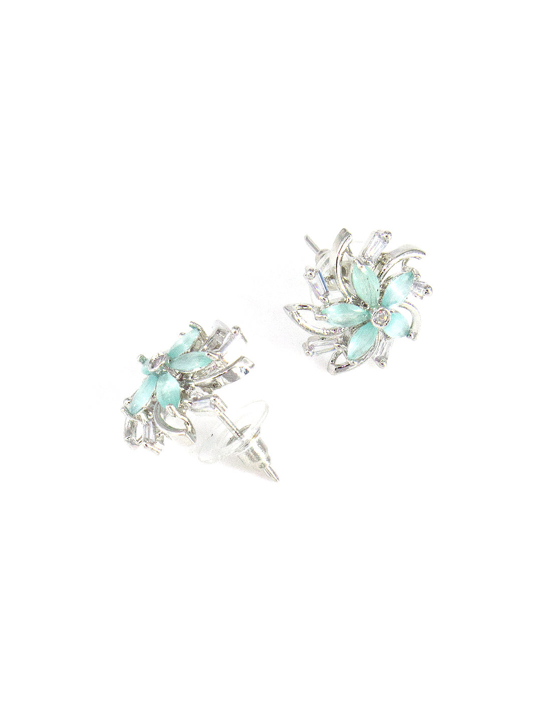 Silver Plated Mint Blue Floral AD Stud Earrings For Women
