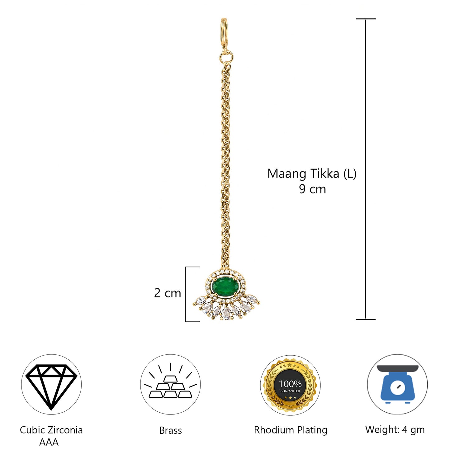 Gold Plated Green AD Maang Tikka for Women