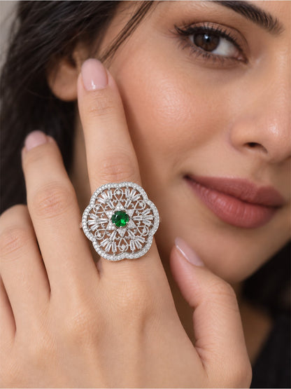 Silver Plated Green AD Finger Ring for Women