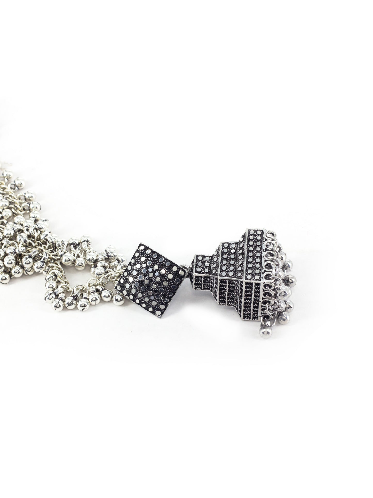 Silver Oxidised Jhumka Earring with Double Layer Ear Chain