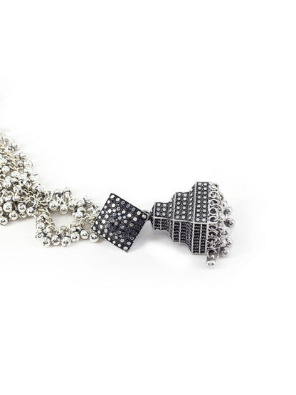 Silver Oxidised Jhumka Earring with Double Layer Ear Chain