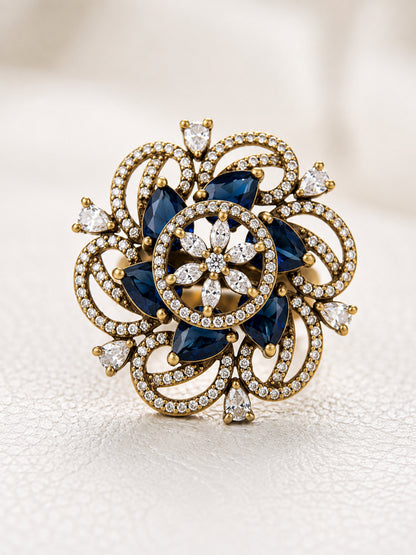 Antique Gold Plated Blue AD Finger Ring for Women
