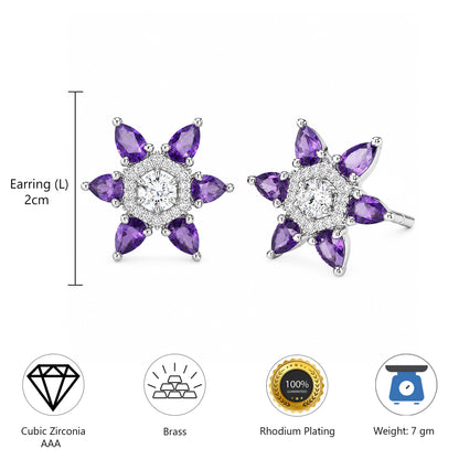 Silver Plated Purple AD Floral Stud Earrings for Women