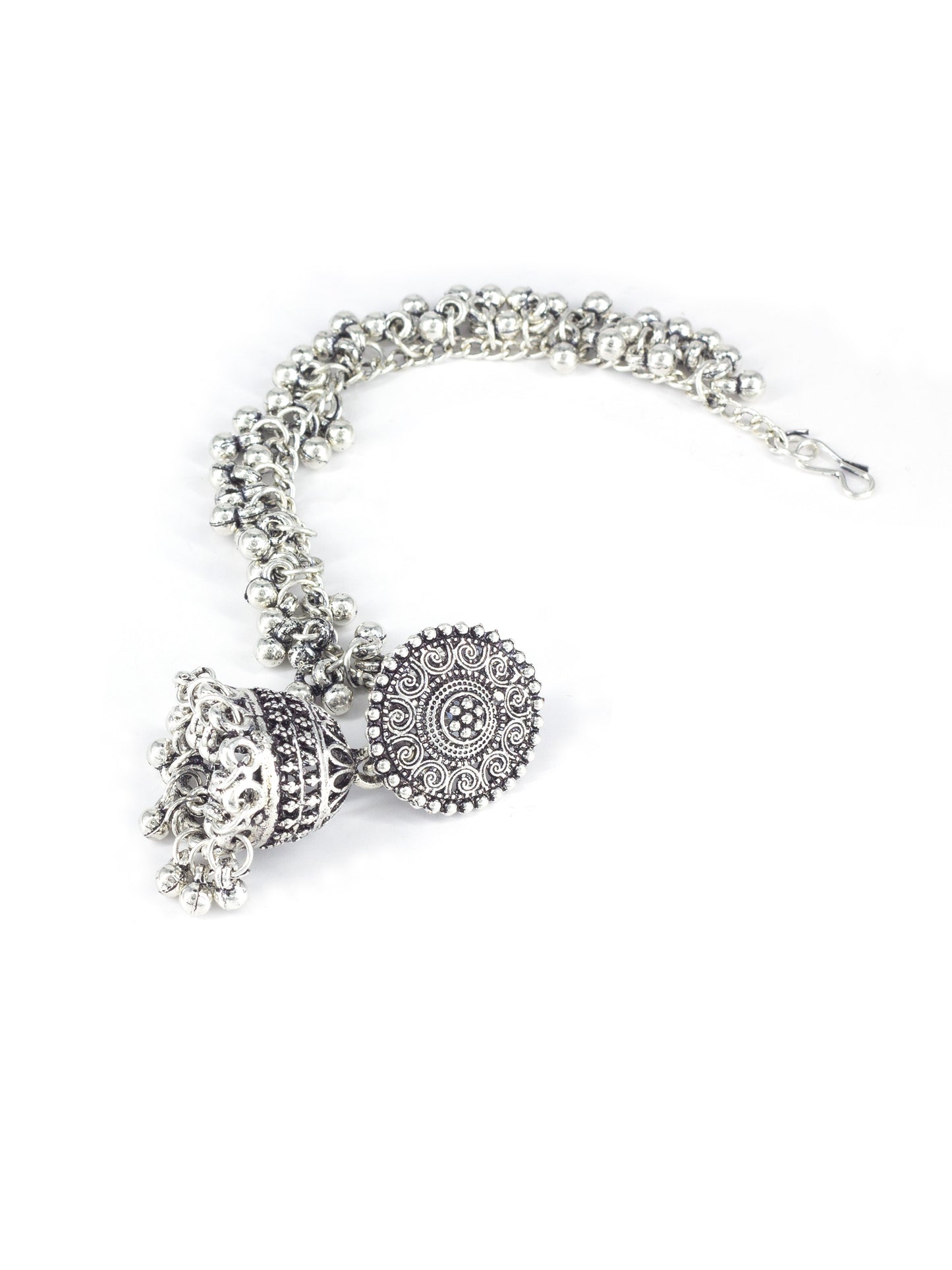 Silver-Plated Dome Shaped Jhumkas With Hair Chain