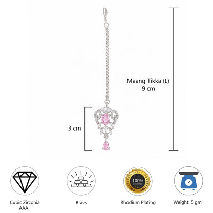 Silver Plated Pink AD Maang Tikka for Women