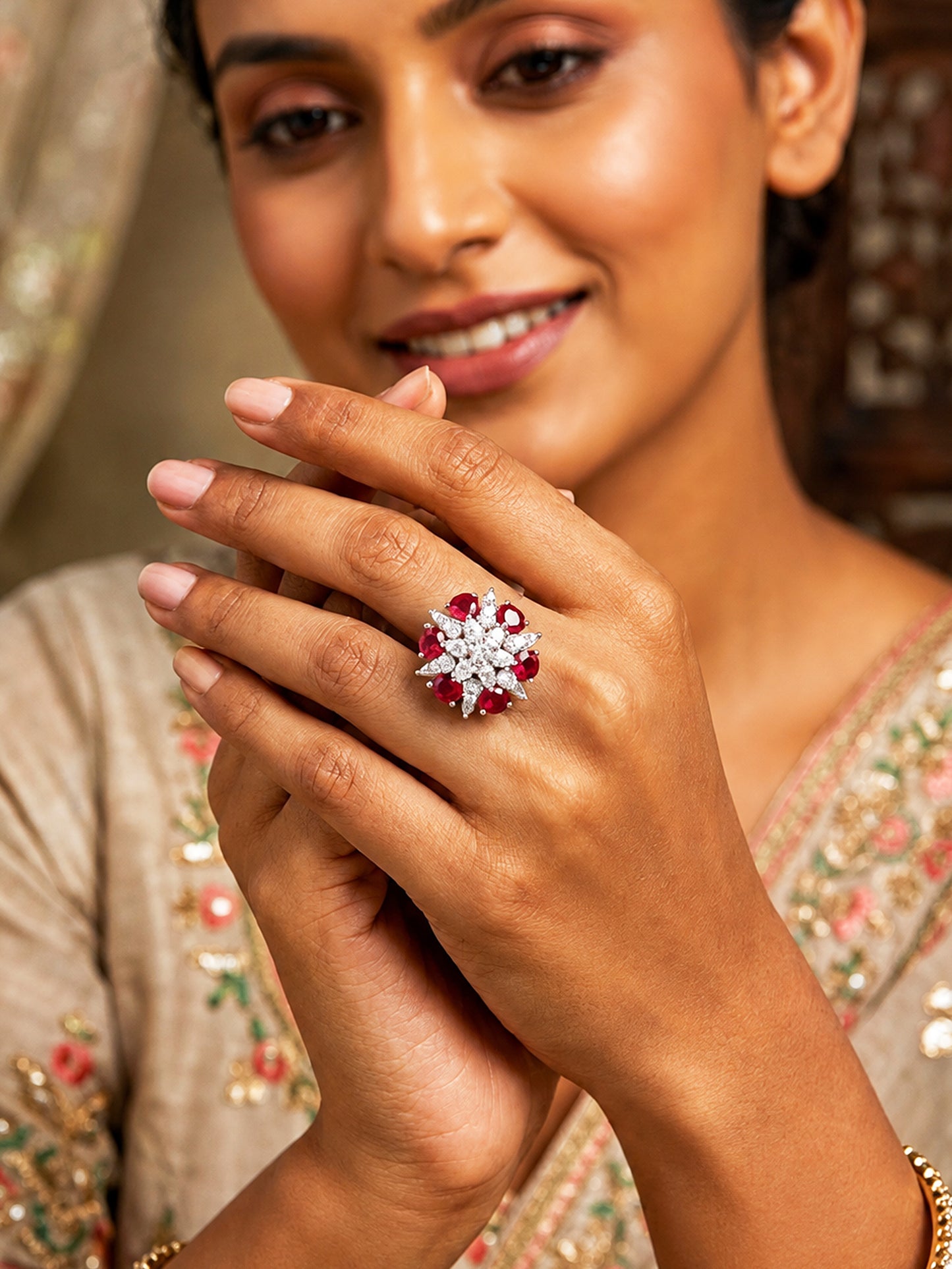 Rhodium Plated Red AD Finger Ring for Women