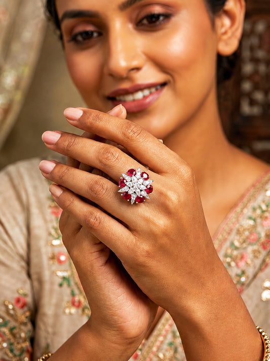 Rhodium Plated Red AD Finger Ring for Women