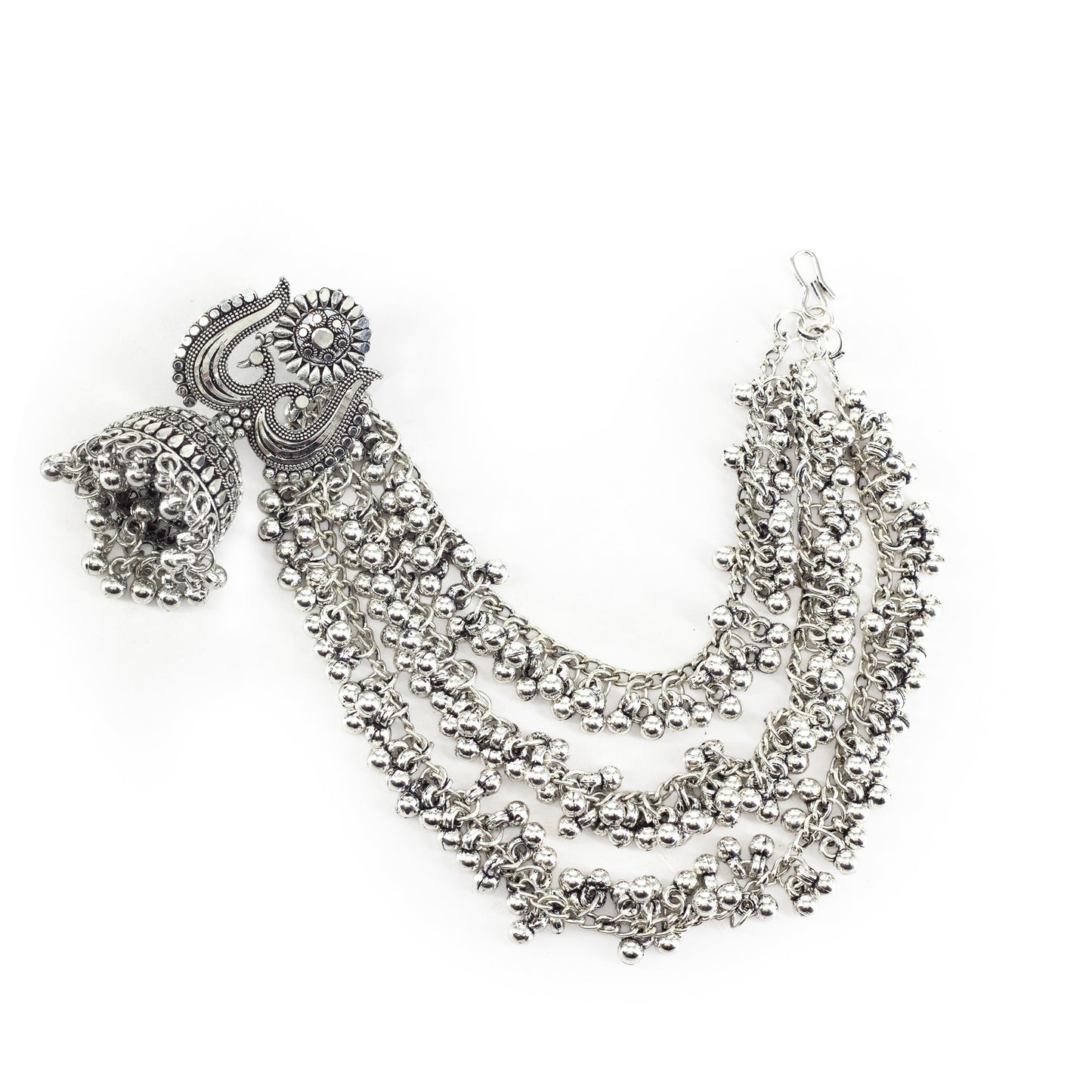 Silver Oxidised Jhumka Earring with 3 Layred Chain for Women