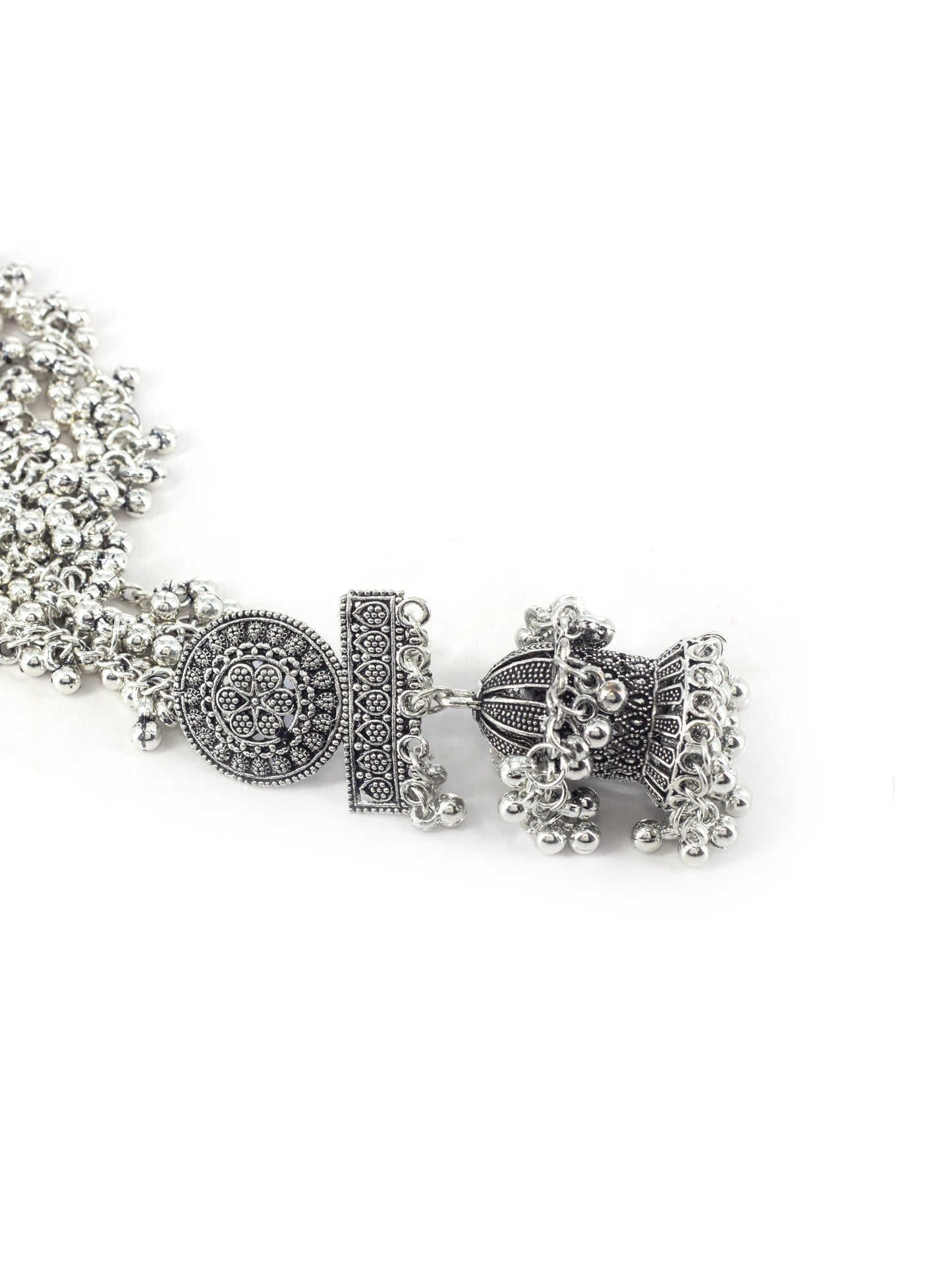 Silver Oxidised Double Jhumka Earrings with Ear Chain