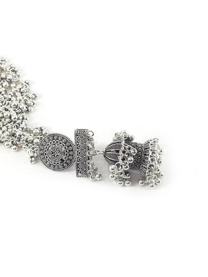 Silver Oxidised Double Jhumka Earrings with Ear Chain