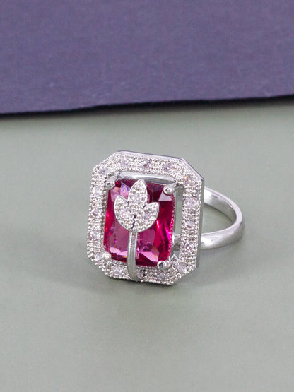 Rhodium Plated Red AD Leaf Adjustable Ring for Women