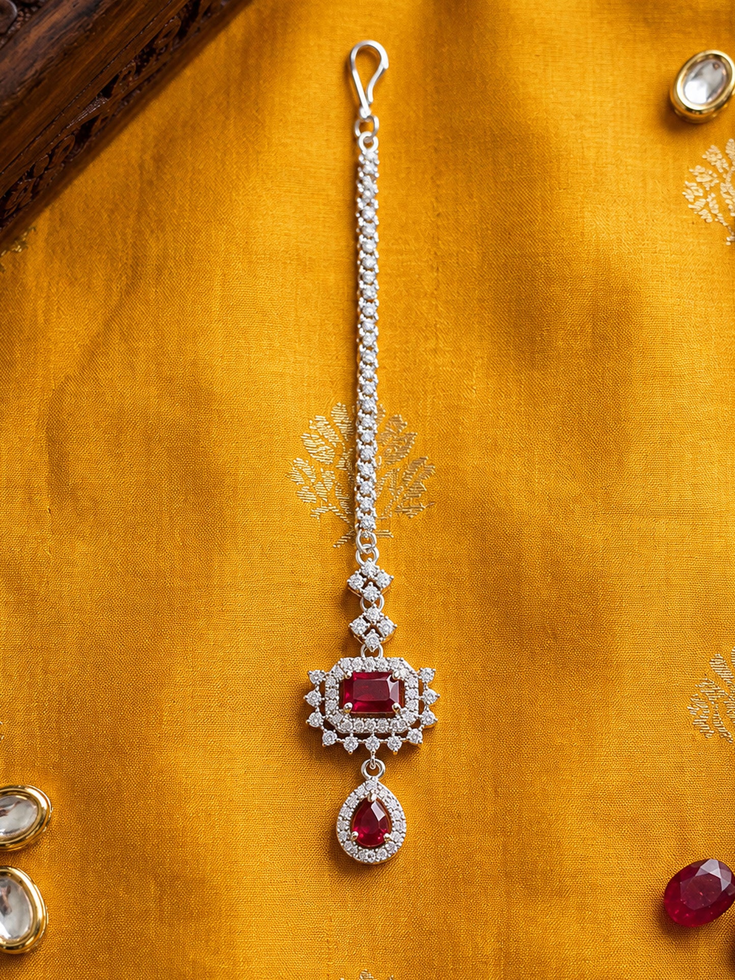 Silver Plated Red AD Maang Tikka for Women