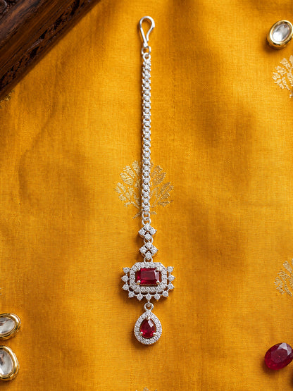Silver Plated Red AD Maang Tikka for Women