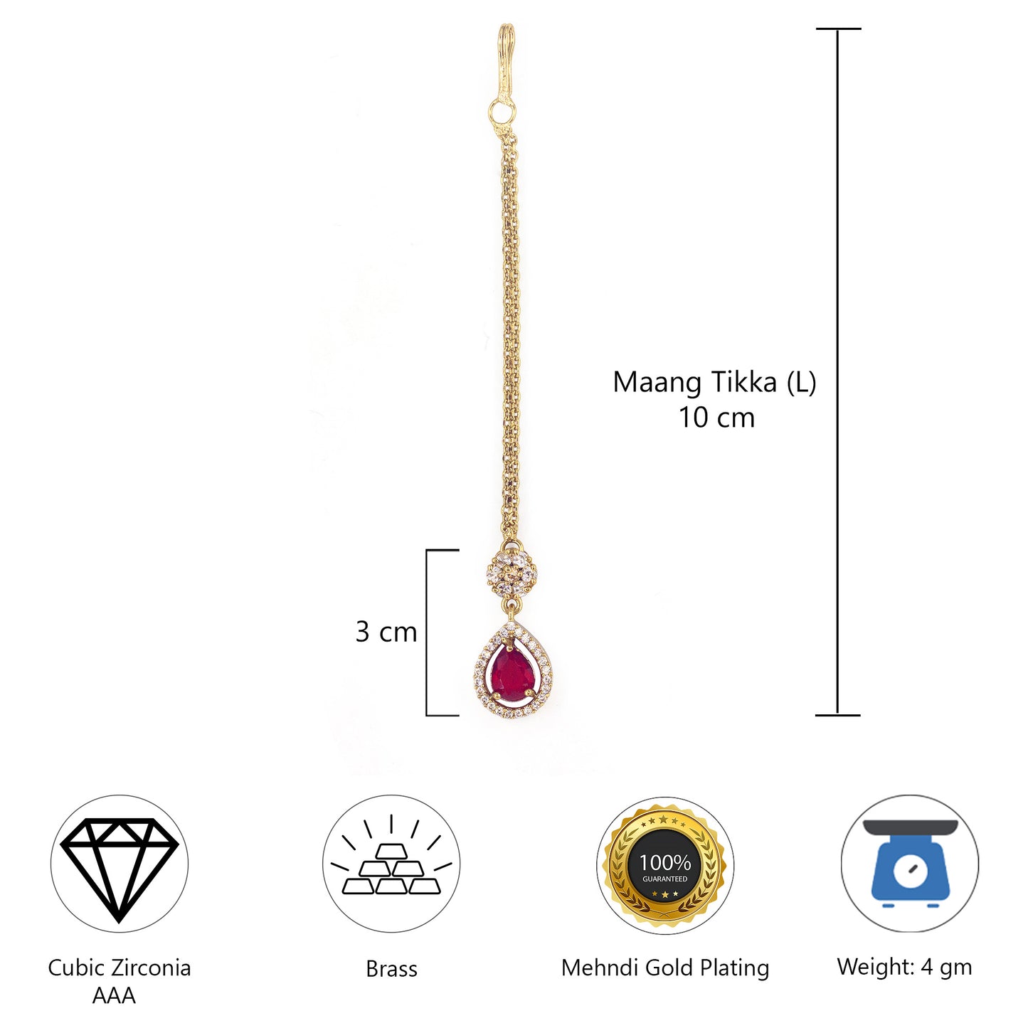Gold Plated Red AD Maang Tikka for Women