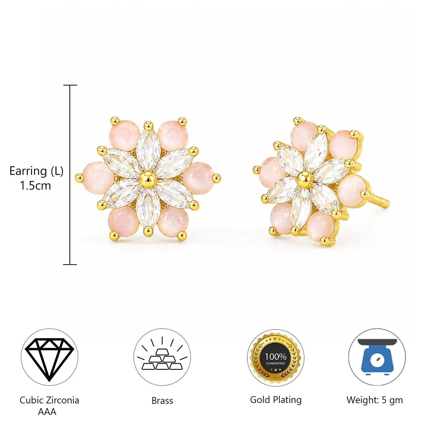 Gold Plated Pink AD Floral Stud Earrings for Women