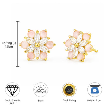 Gold Plated Pink AD Floral Stud Earrings for Women
