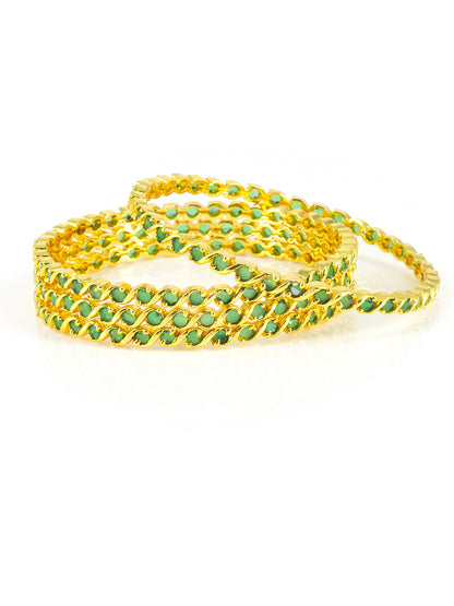 Set Of 4 Gold-Plated Green American Diamond Studded Bangles