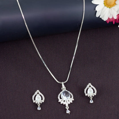 Rhodium Plated Teardrop American Diamond Studded Trendy Pendant Set