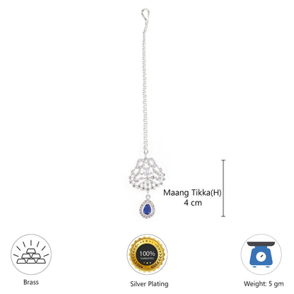 Rhodium Plated Blue AD Maang Tikka for Women