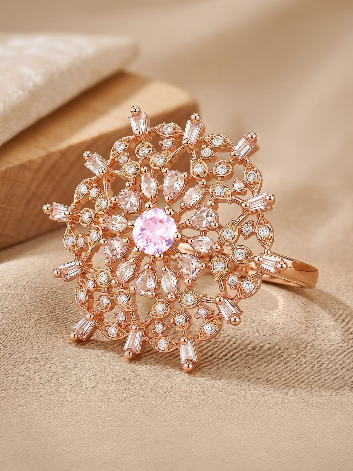 Rose Gold Plated Pink AD Ring for Women
