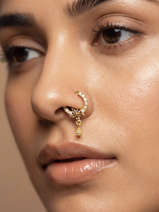 Gold Plated AD Floral Drop Nose Ring for Women