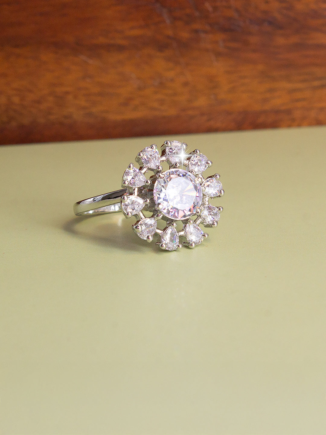Silver Plated Floral AD Adjustable Ring For Women