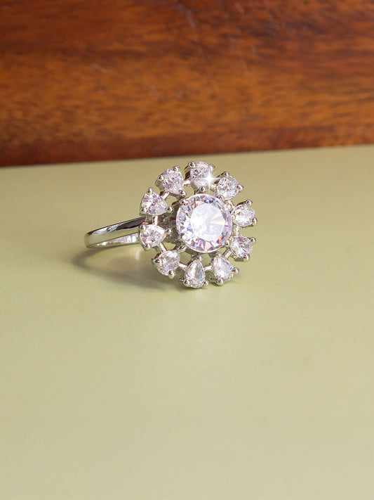 Silver Plated Floral AD Adjustable Ring For Women