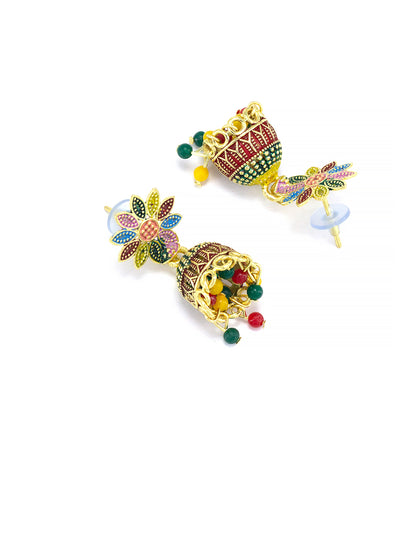Gold Plated Floral Multi Color Artificial Beaded Jhumki Earrings
