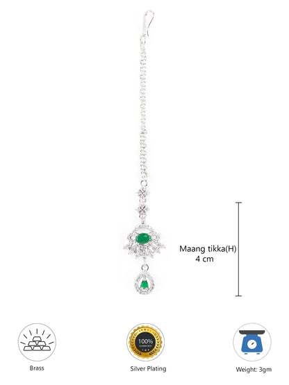 Silver Plated Green AD Drop Maang Tikka for Women