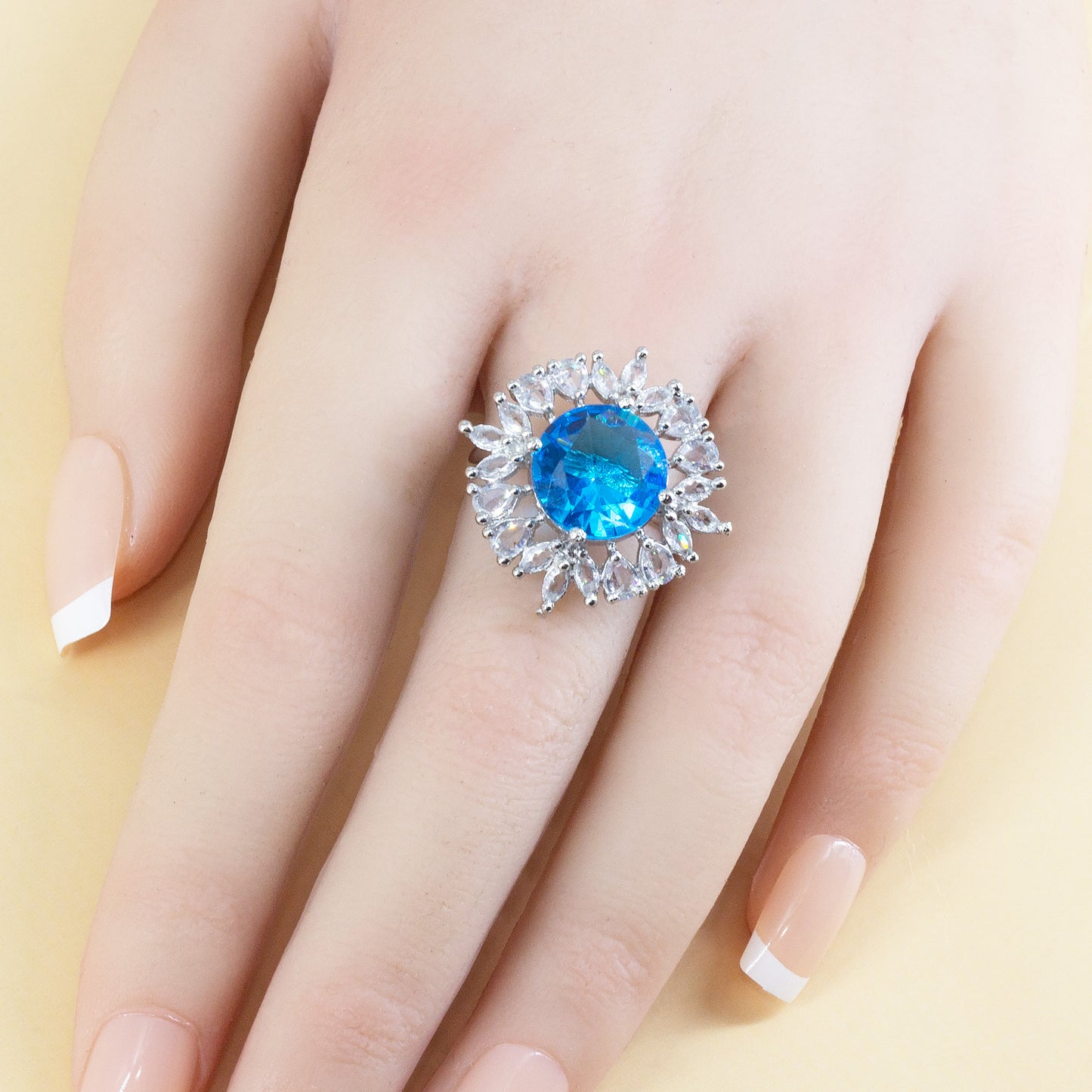Silver Plated Aqua Blue AD Finger Ring for Women