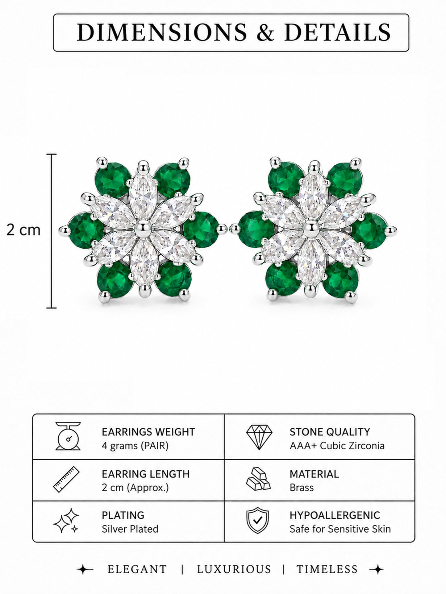 Rhodium Plated Green AD Floral Stud Earrings for Women