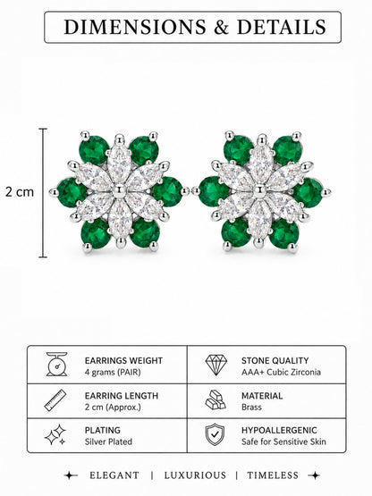 Rhodium Plated Green AD Floral Stud Earrings for Women