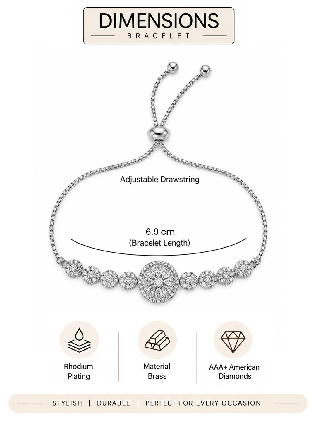 Rhodium Plated AD Adjustable Bracelet for Women