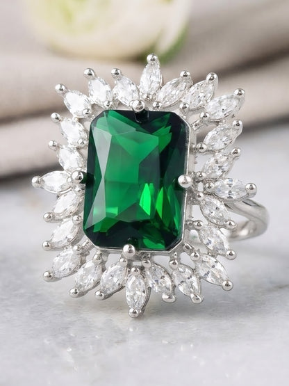 Rhodium Plated Green AD Finger Ring for Women