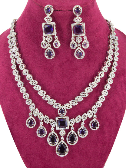 American Diamond Purple 2 Layer Designer Jewellery Set For Women And Girls