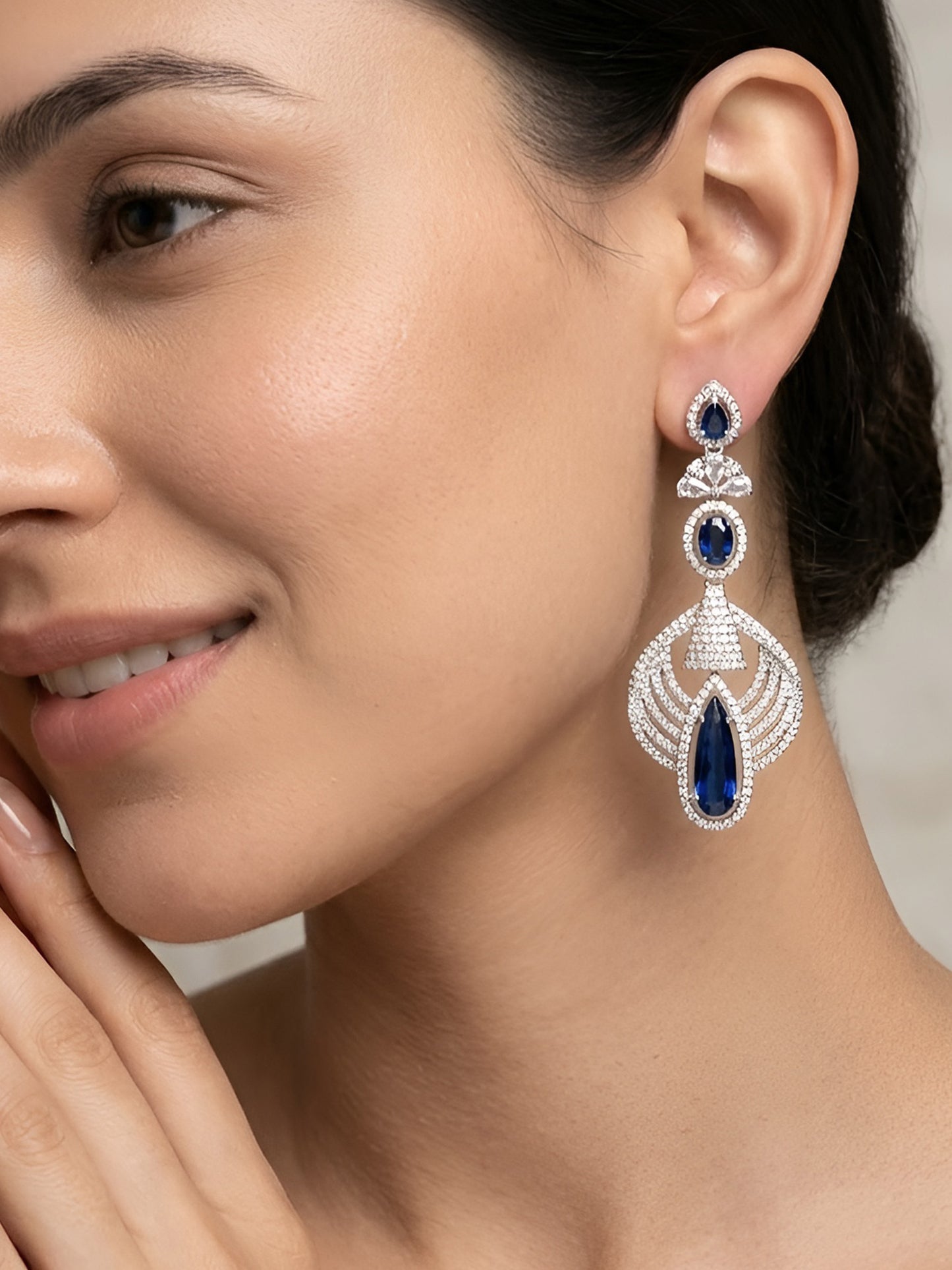Silver Plated Blue AD Long Earrings for Women